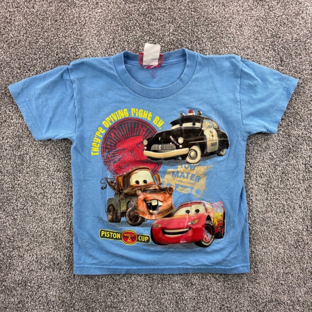 Vintage Y2k Disney Pixar Cars Shirt Kids XS Blue Cotton Lightning McQueen Mater